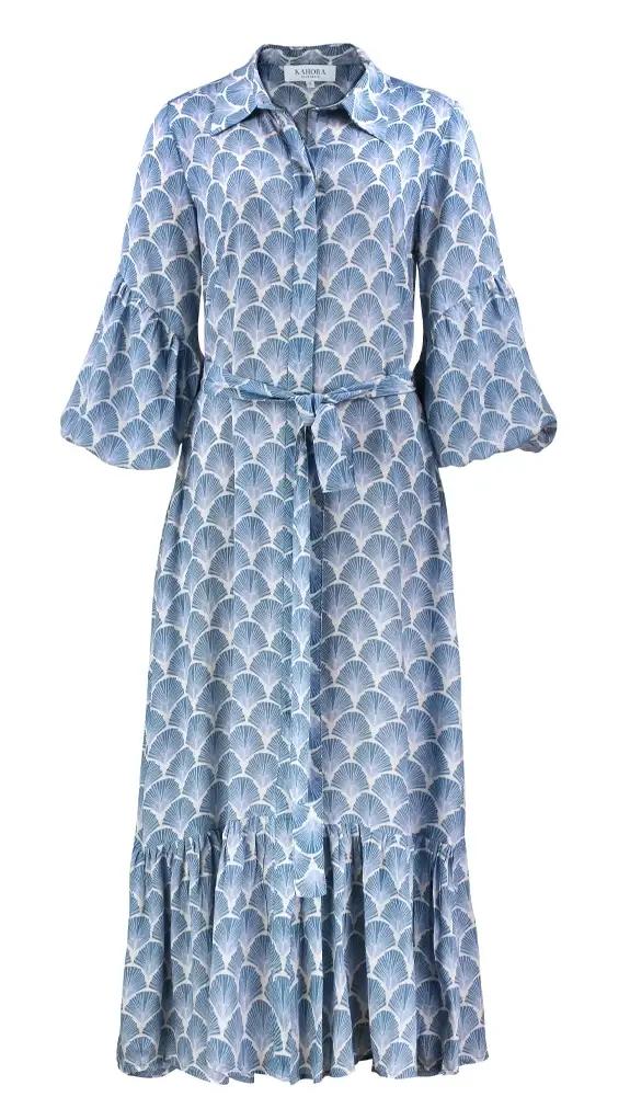 women summer long dress with full sleeves and palm tree design photographed in an invisible mannequin style
